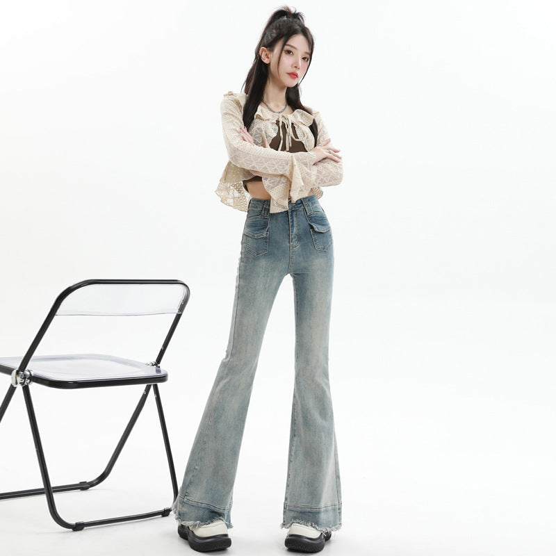 Micro High-Waisted Jeans Women's Double Pocket Advanced Slim Flared Pants Thin Mopping Pants Autumn And Winter