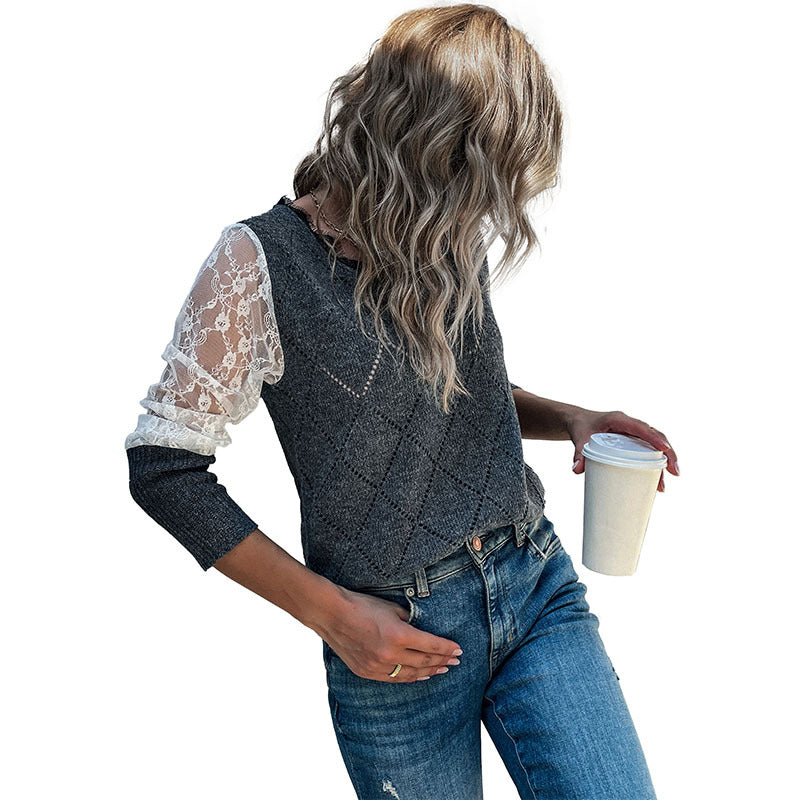 Autumn and Winter New Fashion Women's Long-Sleeved Lace Patchwork Sweater