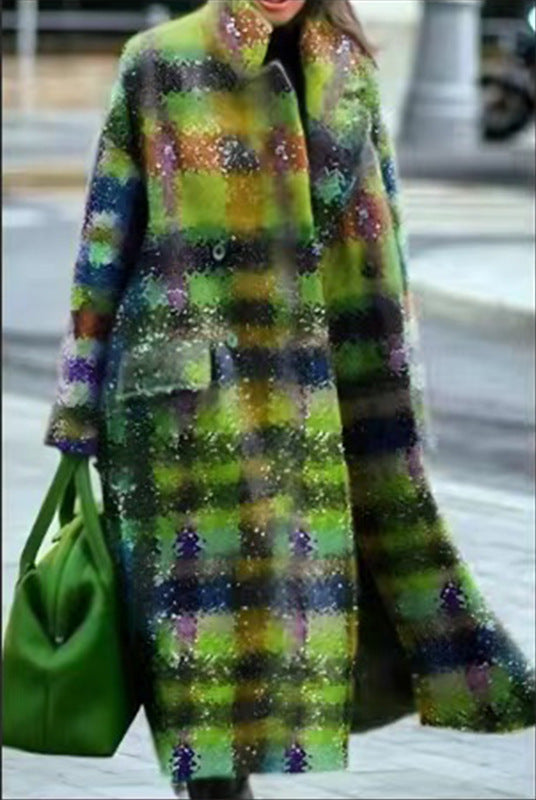 New Autumn Women's Long Sleeve Lapel Coat Printed Wool Long Coat