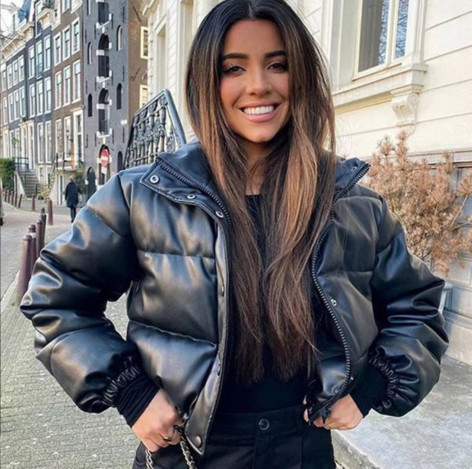 Aliautumn And Winter Leather Cotton-Padded Clothing Style Standing Collar Leather Coat Women Warm Short Bread Clothing