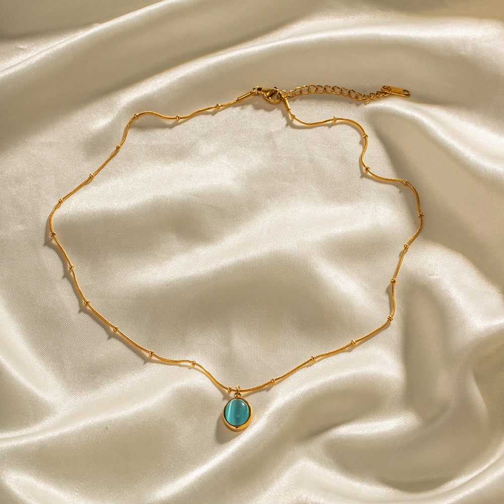 5pcs 18K Gold Plated Stainless Steel Blue Cat-Eye Necklace Does Not Fade Color Niche Design All Matching Accessories