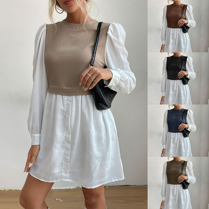 Women's Round Neck Long-Sleeved Color Patchwork Dress
