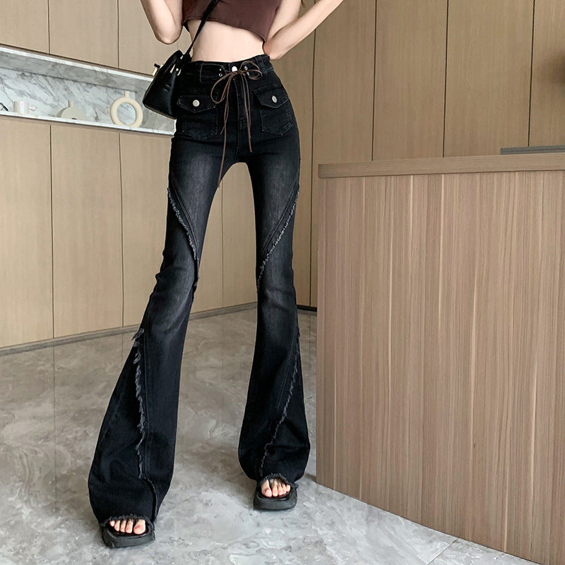 Real Shot Retro Furred Lace Strap Micro Cropped Denim Pants Female New Spice Girl High-Waisted Stretch Flared Pants