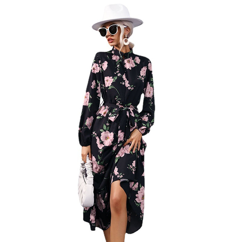 Fashion Women's Print Long Sleeve Half High Neck Long Dress Autumn And Winter