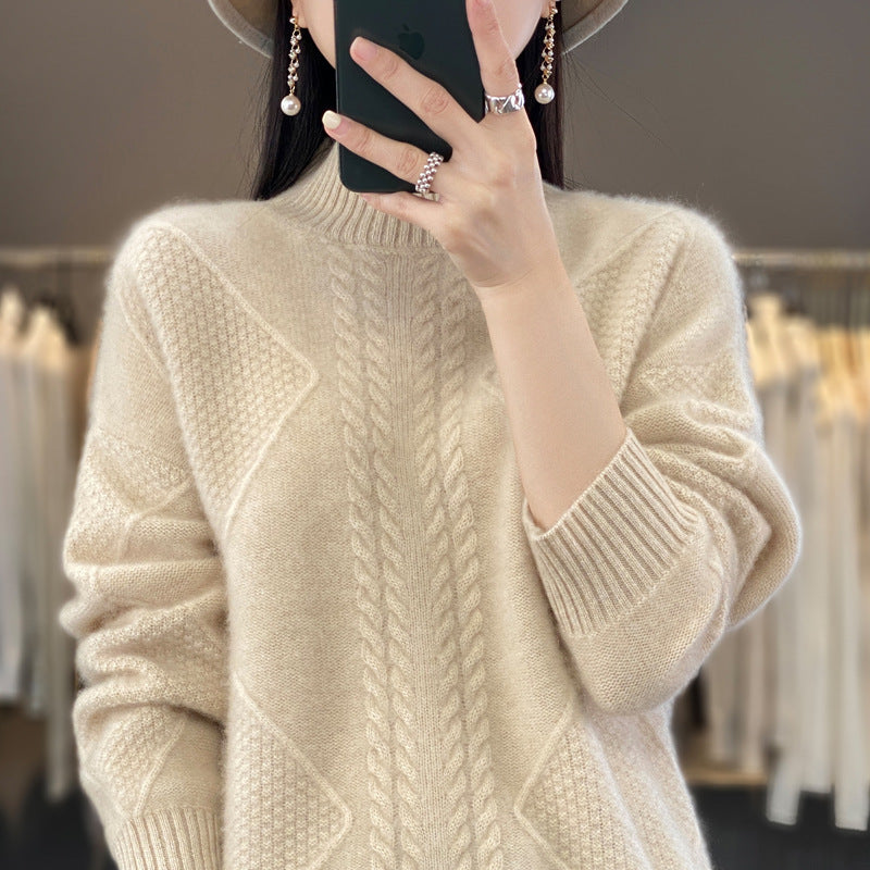 Diamond Twist Thickened Half Turtleneck 100 Woolen Sweater Women's Loose Pullover Long-Sleeved Base Sweater