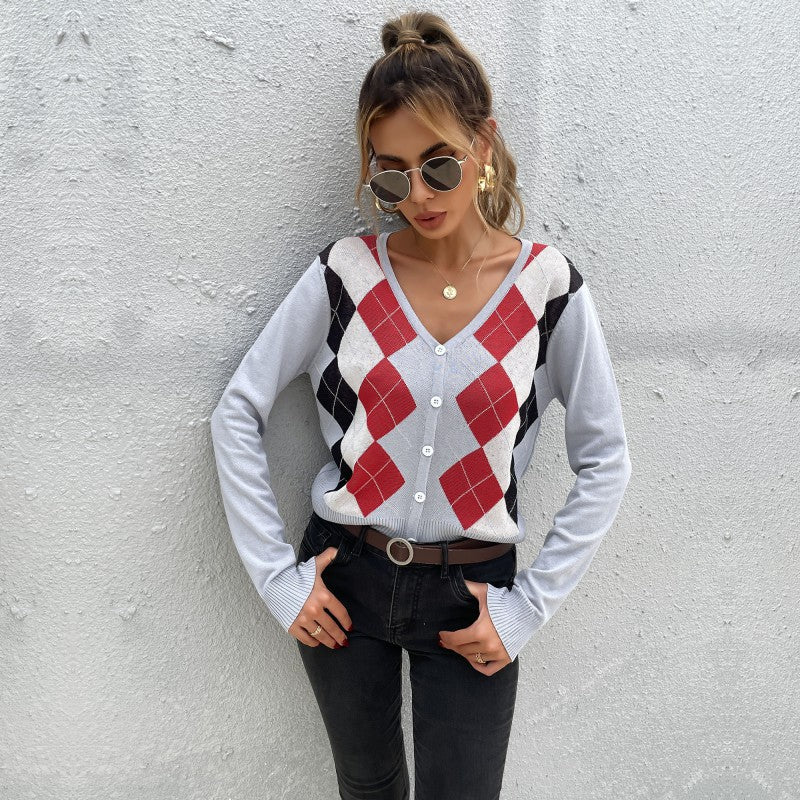 Early Autumn Fashion Women's Diamond Check Shirt Long Sleeve Short Light Cardigan