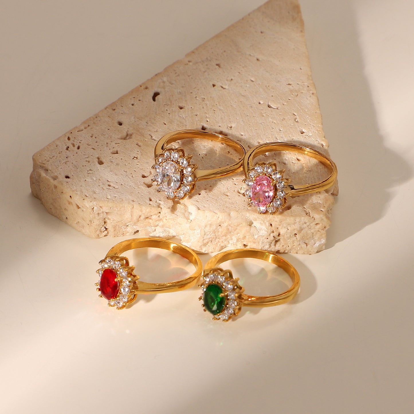 5pcs 18K Gold Plated Double Rough Zircon Ring Stainless Steel Bound Oval Colored Zircon Ring Jewelry Female