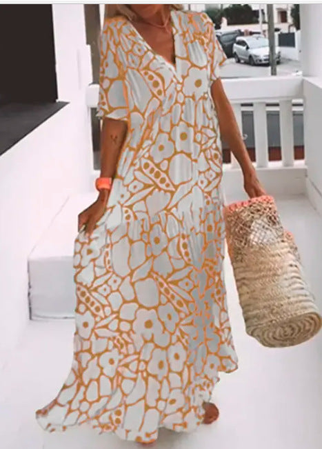 Dress Summer New Women Printed Short-Sleeved V-Neck Dress