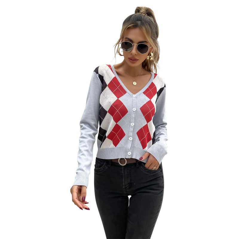 Early Autumn Fashion Women's Diamond Check Shirt Long Sleeve Short Light Cardigan