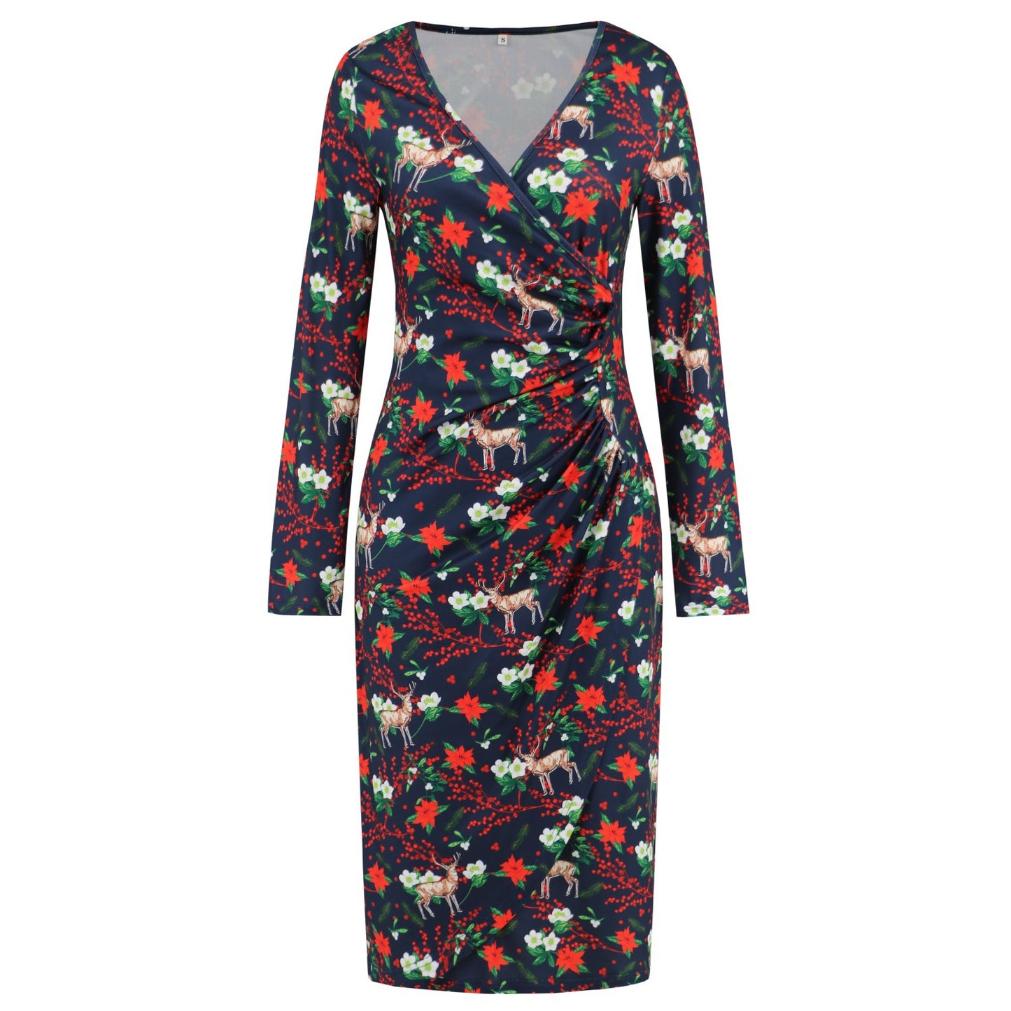 Christmas Printed Dress V-Neck Slimming Slim Dress Autumn And Winter Women's Plus-Size