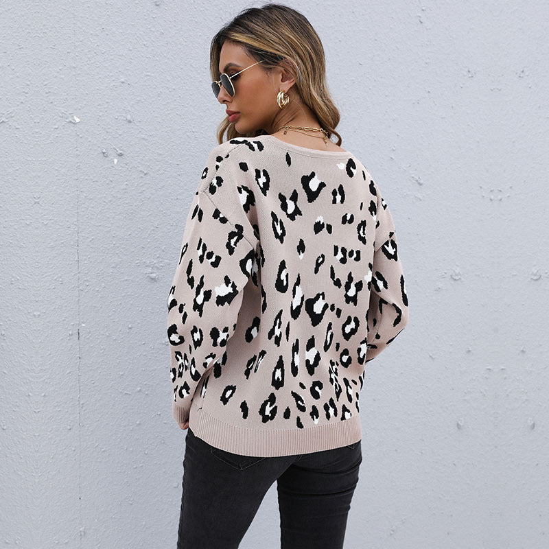 Women's Loose Leopard Print Long-Sleeved Sweater for Autumn and Winter Casual Fashion