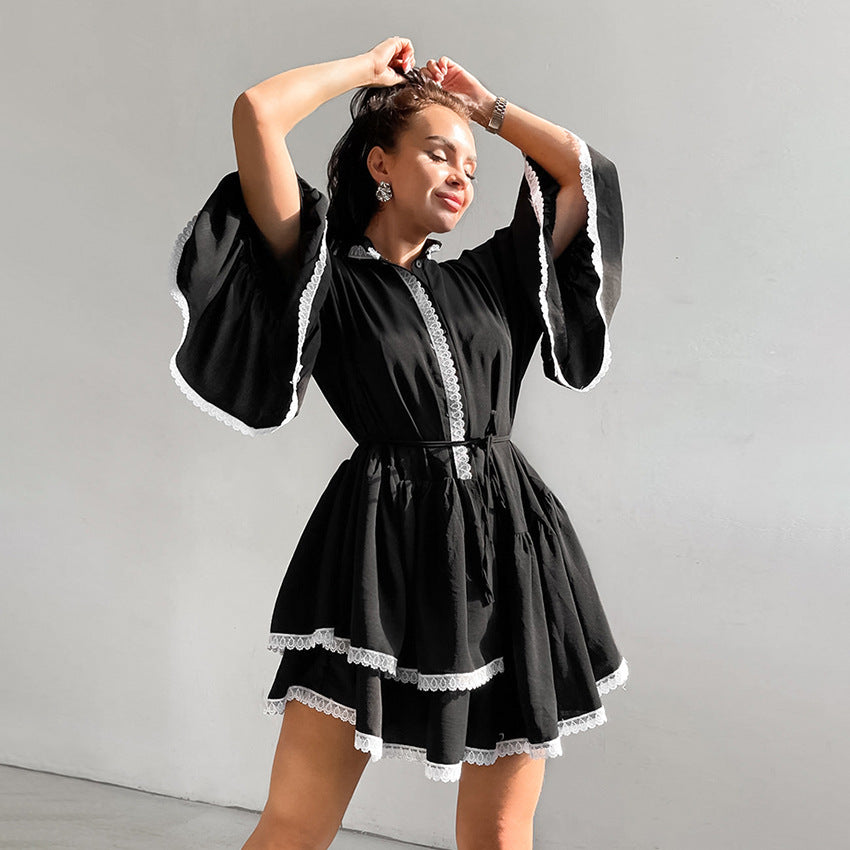 Spring Women's Dress Black Lace Lace Cake Dress Temperament 100 With Flared Sleeves Dress Women Loose