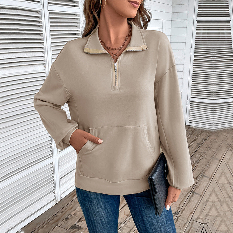 Autumn New Women's Lapel Long-Sleeved Top Zipper Loose Casual Hoodie T-Shirt
