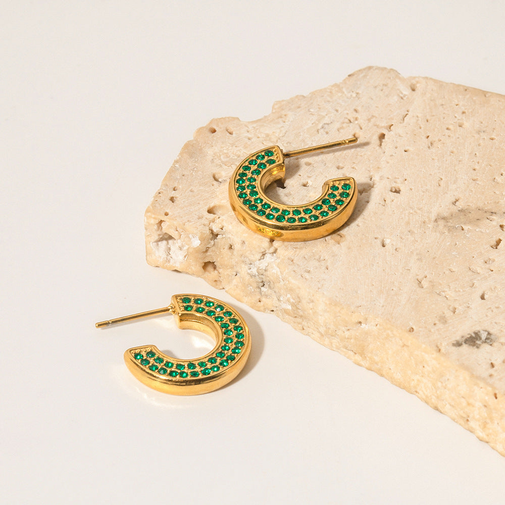 5pcs New All-Match 16K Gold Stainless Steel C Shape Green Zircon Earrings Fashion Earrings