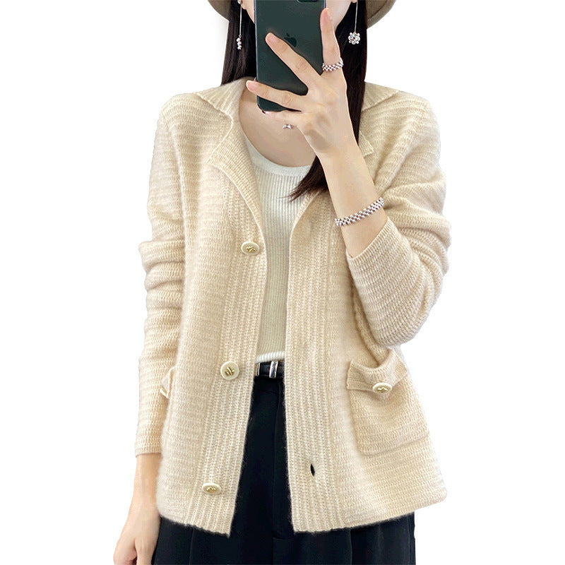 Autumn And Winter Knitted Suit Collar Loose Sweater Coat Slimming Top Knitted Sweater Pure Wool Cardigan Women
