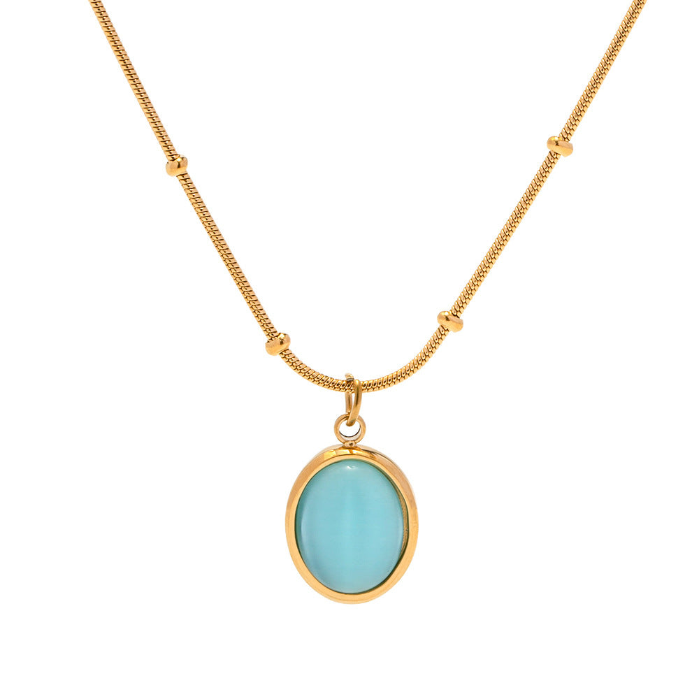 5pcs 18K Gold Plated Stainless Steel Blue Cat-Eye Necklace Does Not Fade Color Niche Design All Matching Accessories