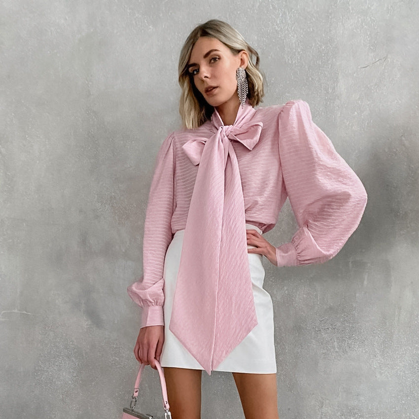Sexy Light Luxury Jacquard Float With Puffy Sleeve Shirt Autumn Loose Minority Temperament Feeling Shirt For Women