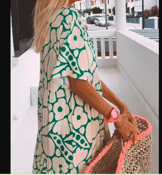 Dress Summer New Women Printed Short-Sleeved V-Neck Dress