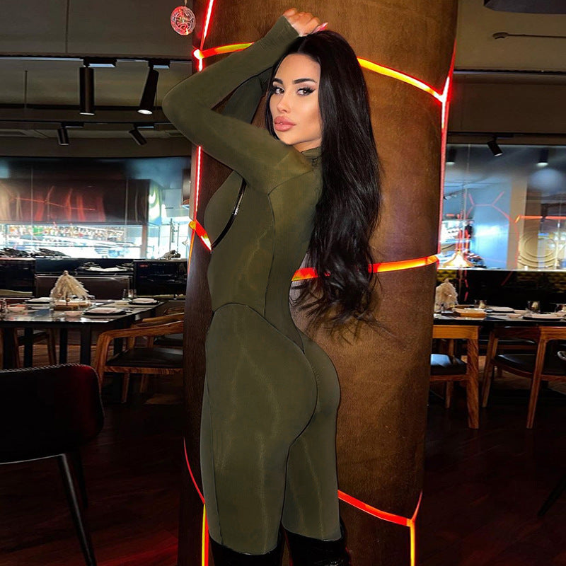 Fashion Sports Leather Ribbon Split Line Long Sleeve Zipper Tight Hip Lift Romper