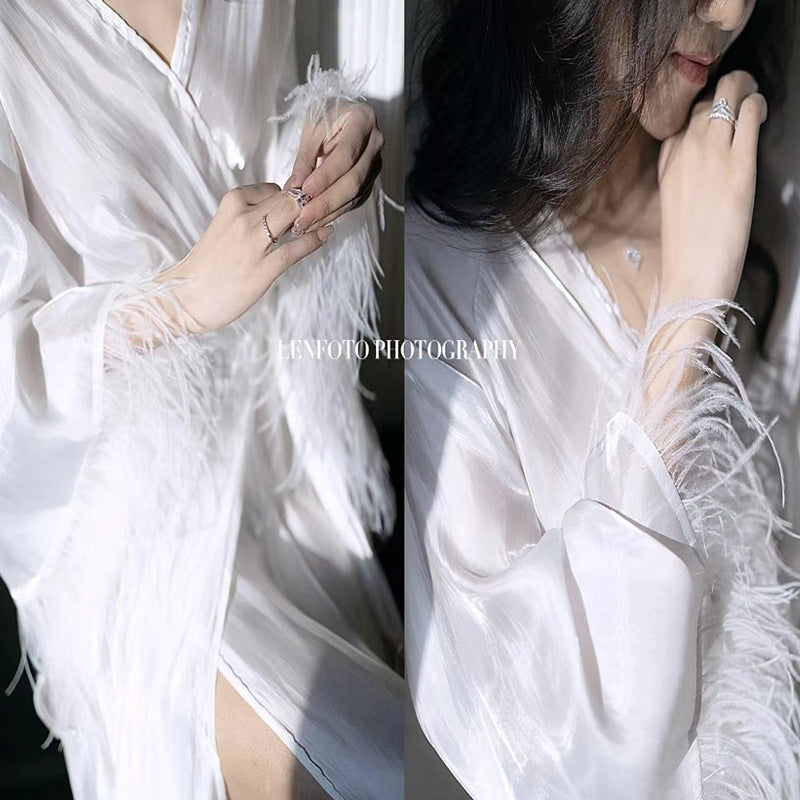 Dress Female Summer Streamer Design Pink Ostrich Feather Holiday Style With Waist Strap Slim-Fit Nightdress Gown