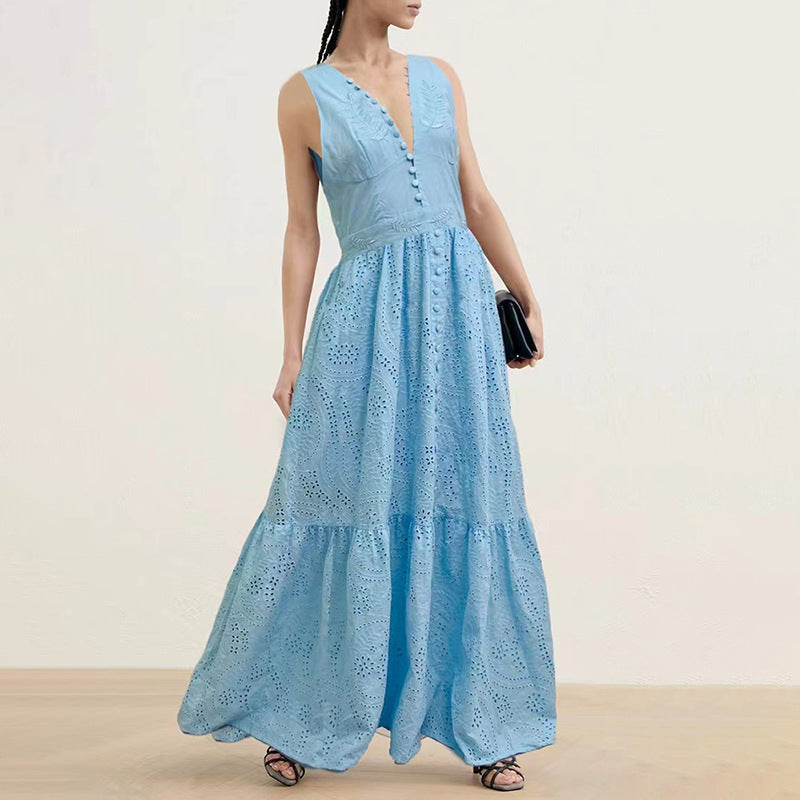 Spring New Fashion Temperament V Neckline Embroidery Waist Slimming Big Swing Dress Solid Color Temperament Long Dress