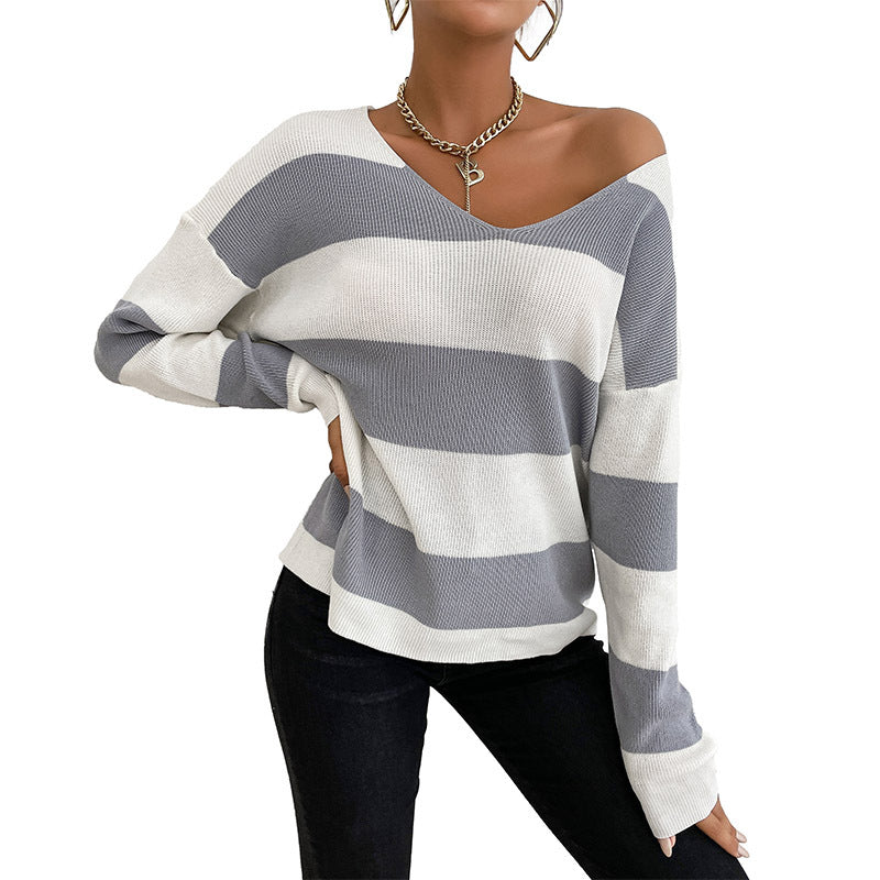 Fashion Women's Autumn Casual Long Sleeve V-Neck Striped Sweater Base