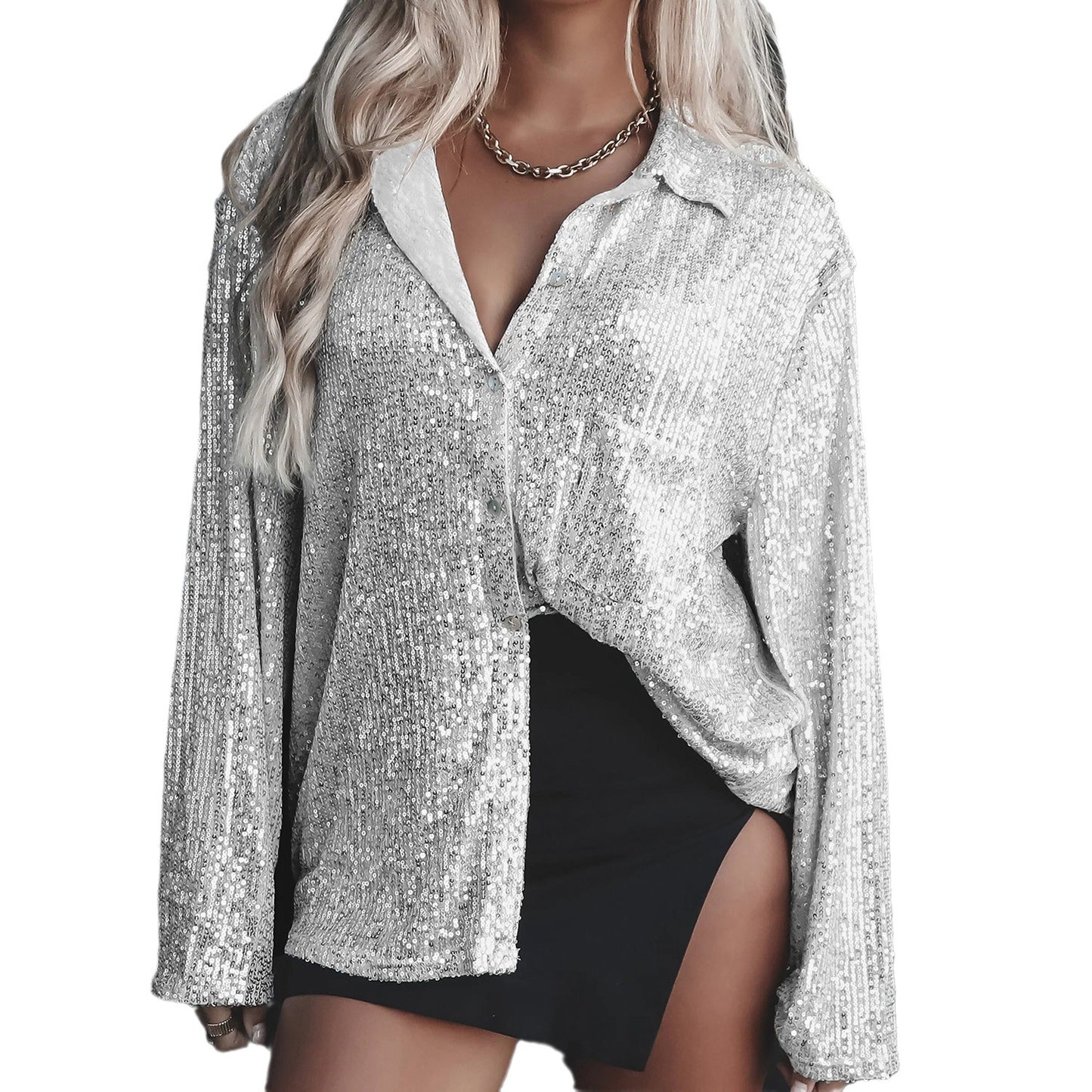 Autumn Beaded Shirt Sexy Women Spice Girls Solid Color Button Up Top Long Sleeve Sequin Cardigan