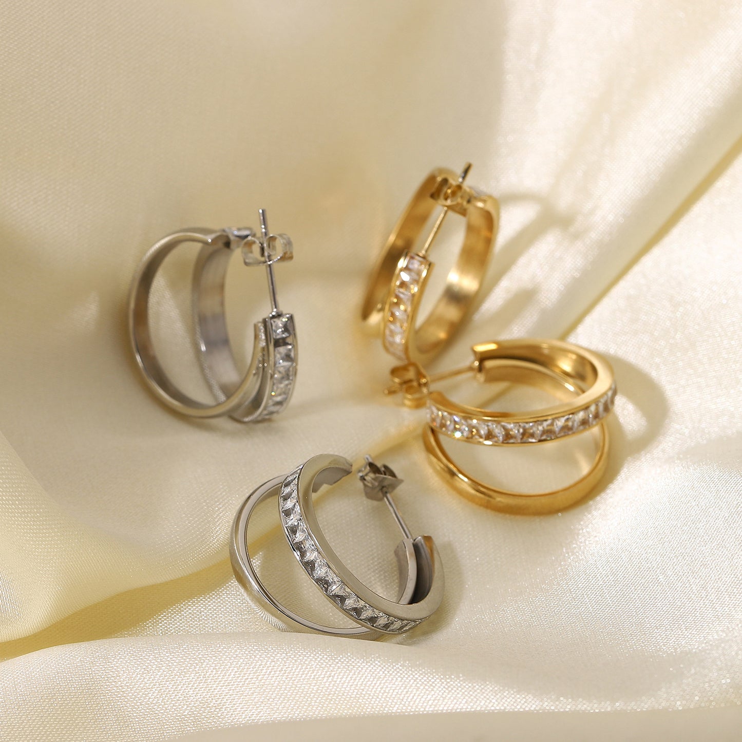 5pcs Pendant Earrings 14K Gold Plated Double Cross Zircon Earrings Jewelry For Women