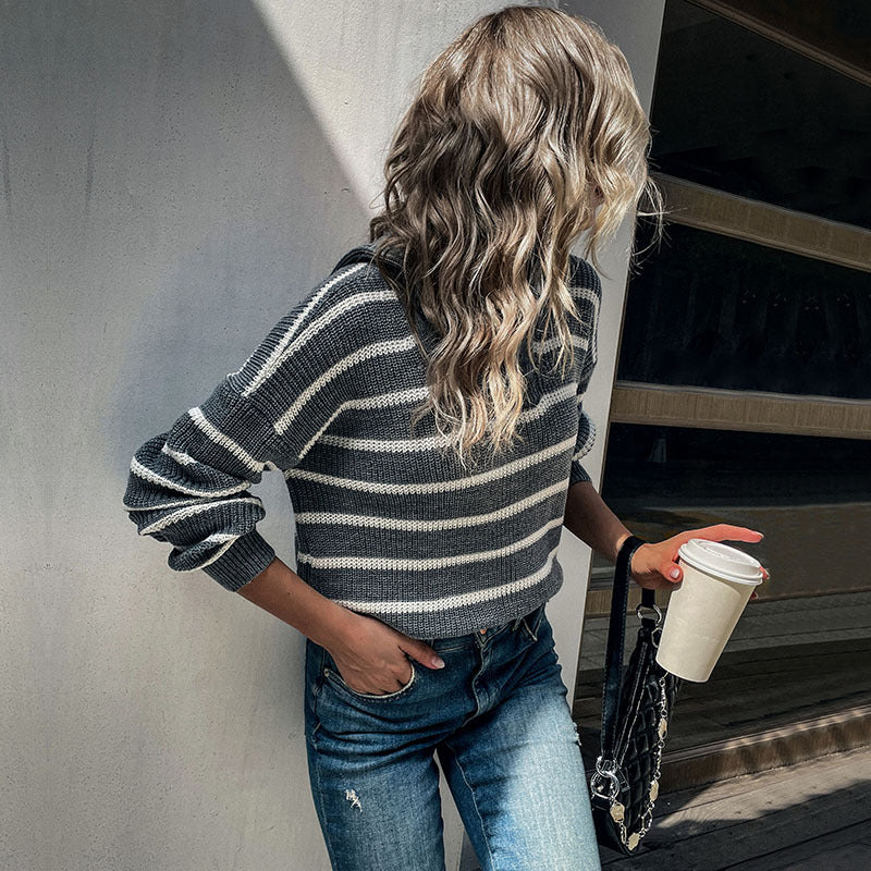 Autumn New Leisure Fashion Women's Long-Sleeve Lapel Striped Sweater