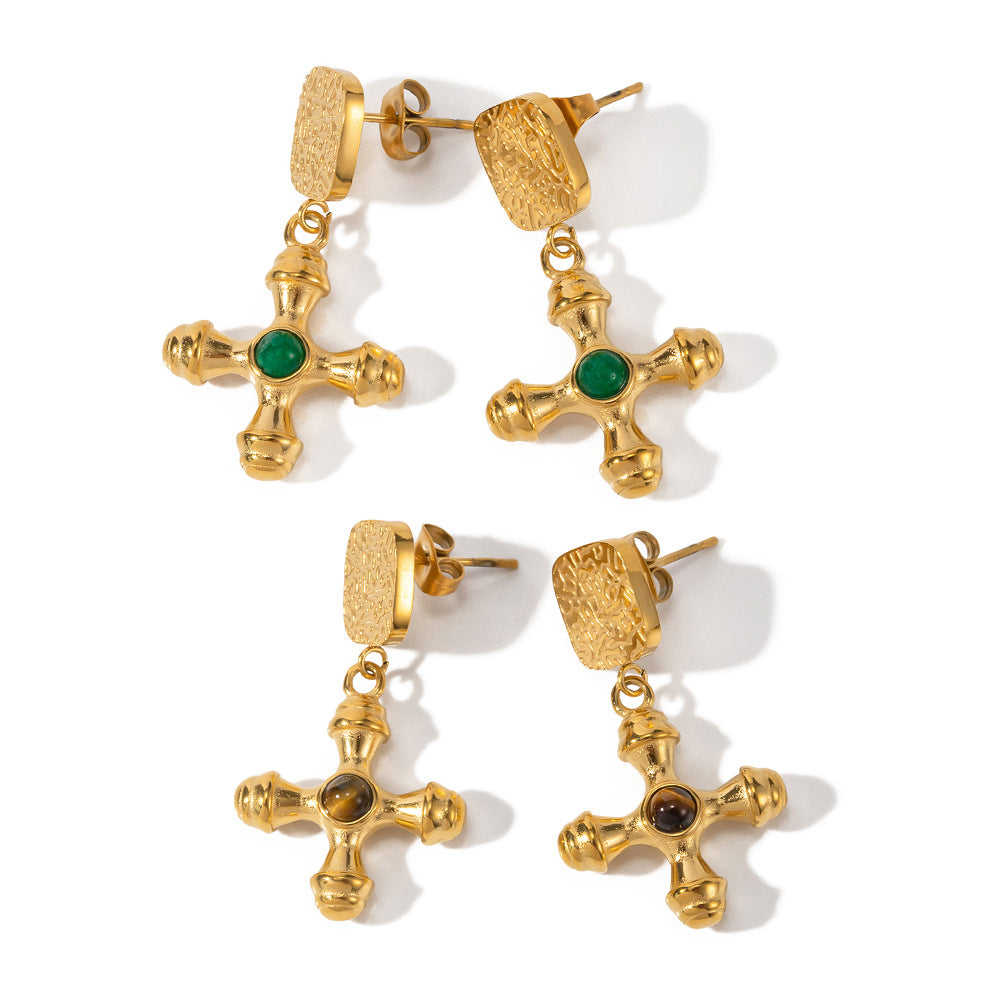 5pcs 18K Gold Stainless Steel Inlaid Tiger Eye Stone Cross Pendant Earrings Women's Fashion All-In-One Earrings