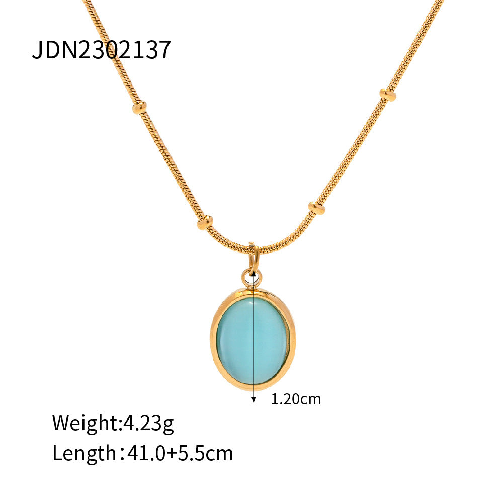 5pcs 18K Gold Plated Stainless Steel Blue Cat-Eye Necklace Does Not Fade Color Niche Design All Matching Accessories
