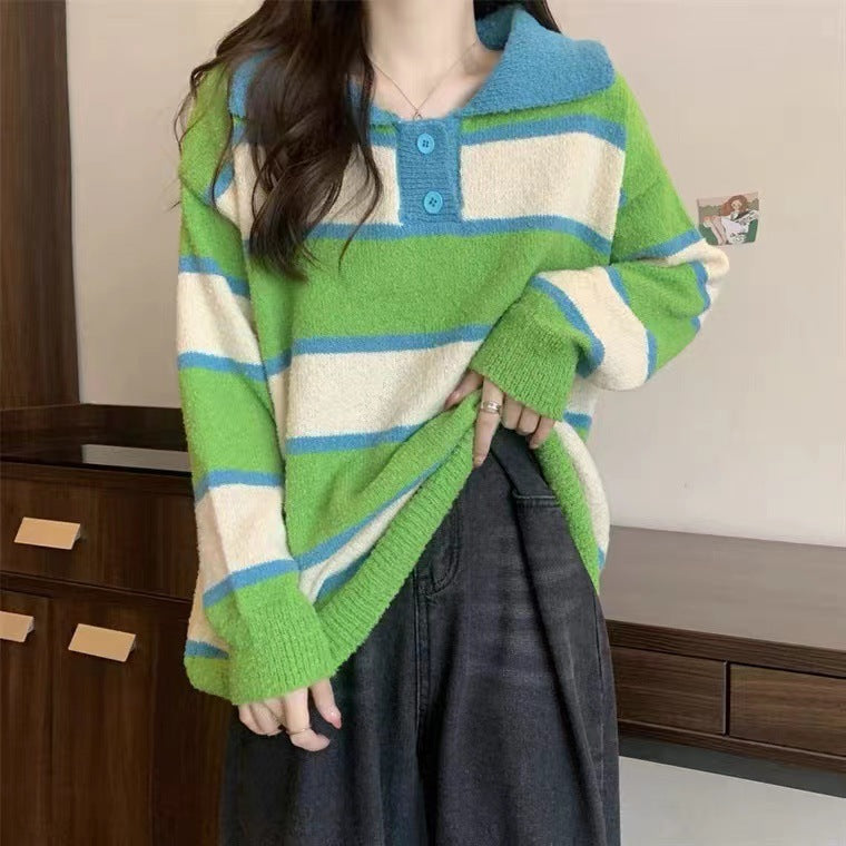 Japanese Sweet Soft Waxy Striped Polo Collar Sweater Coat Women's New Autumn And Winter Loose And Lazy Style Sweater Top