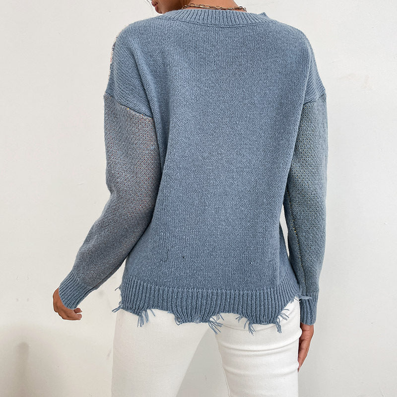 New ern Style Women's Crew-Neck Knitted Jumper Blue Flower Jacquard Sweater