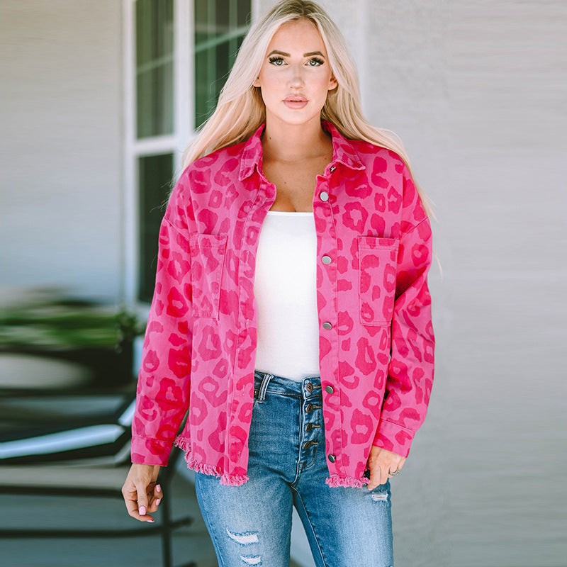 Autumn New Leopard Print Denim Jacket Women Casual Fashion Button-Sleeve Furred Long-Sleeved Coat Women