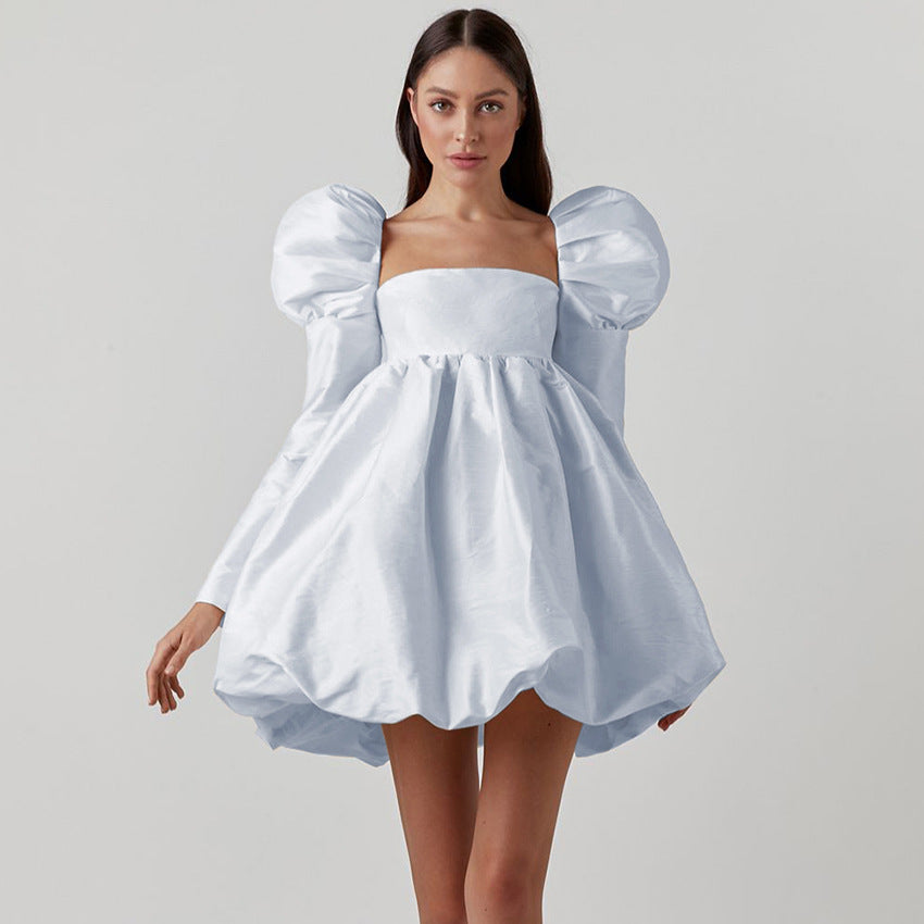 Autumn Puffed Sleeve Satin Color Ding Princess Dress Gown Long Sleeve Square Collar Court Style Dress Woman