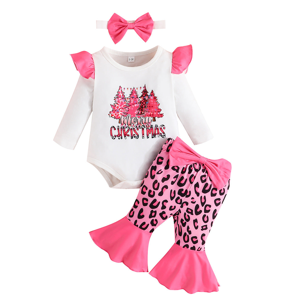 Christmas New Fashion Children's Headscarf + Lace Printed Top + Leopard Lace Pants Three-Piece Set