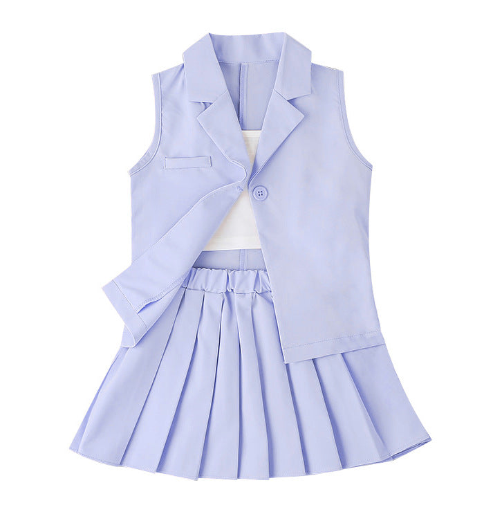 Summer Girls Halter T-Shirt + Skirt + Vest Jacket Three-Piece Pleated Skirt Suit British Style