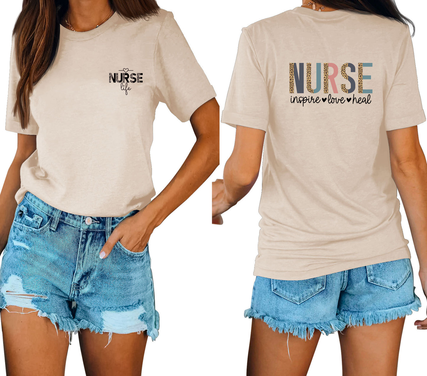 Casual Chic With Front And Rear Print Nurse Inspire Loose Crew Neck Short Sleeves