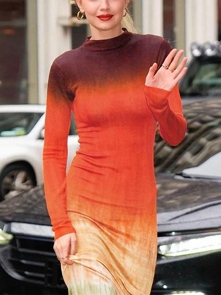 Personality Matching Color Dress Slim-Fit Set Head Round Neck Long Sleeve Sheath Skirt Increase Size Fat Mm Tall Waist Full Skirt