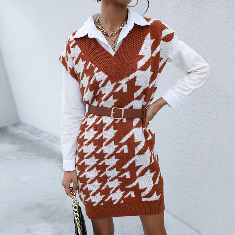 Fashion Women's Casual Long-Sleeved Thousand Bird Lattice Autumn And Winter Sweater Dress Wear
