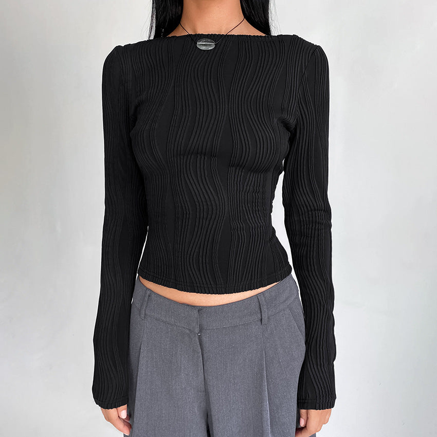 Knit Pleated Long-Sleeved T-Shirt Autumn And Winter New Slim-Fit With Women's Top Fashion Commute