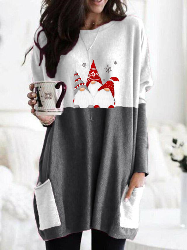 Christmas Printing New Long-Sleeved Color Casual Pocket T-Shirt Shirt Women's Clothing