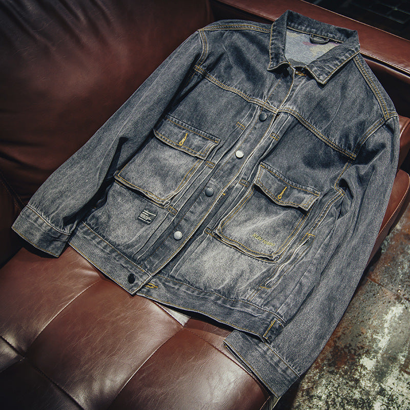 Spring And Autumn Denim Coat Men Loose Fashion Cargo Jacket Large Size Black Denim Clothing Tide