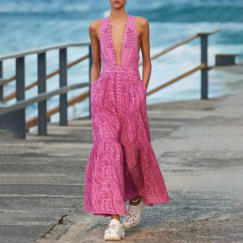 Spring New Fashion Temperament V Neckline Embroidery Waist Slimming Big Swing Dress Solid Color Temperament Long Dress