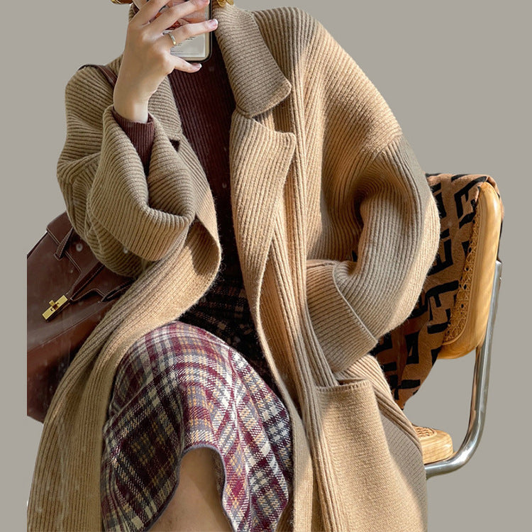Style Suit Collar Knitted Cardigan New Autumn And Winter New Long Loose Sweater Large Size Coat