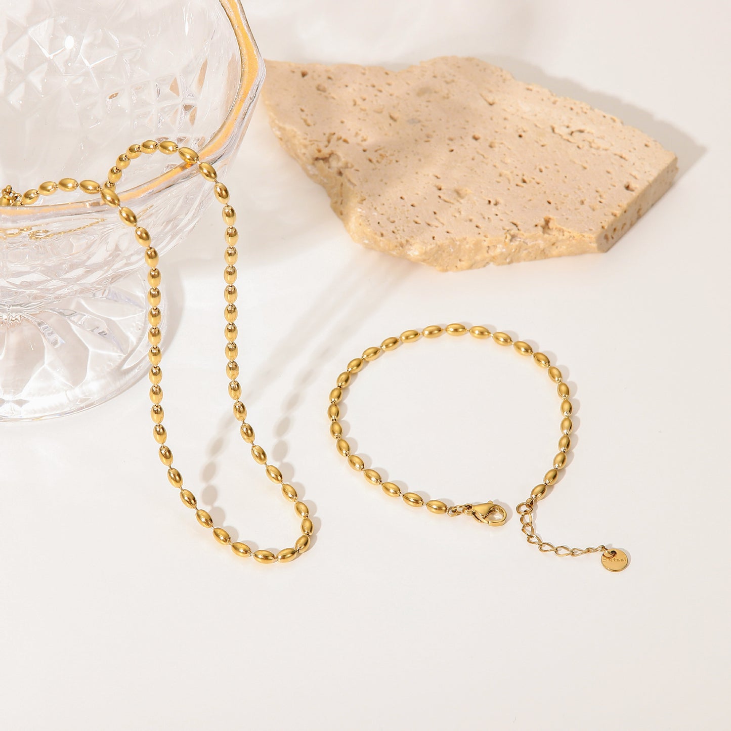 5pcs New Fashion Simple Oval Bead Bracelet Style 14K Gold Stainless Steel Necklace Women's Choker