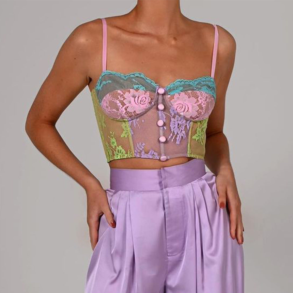 Contrasting Color Perspective Lace Embroidered Fishbone Wrapped Chest Irregular Halter Vest Party Top Woman