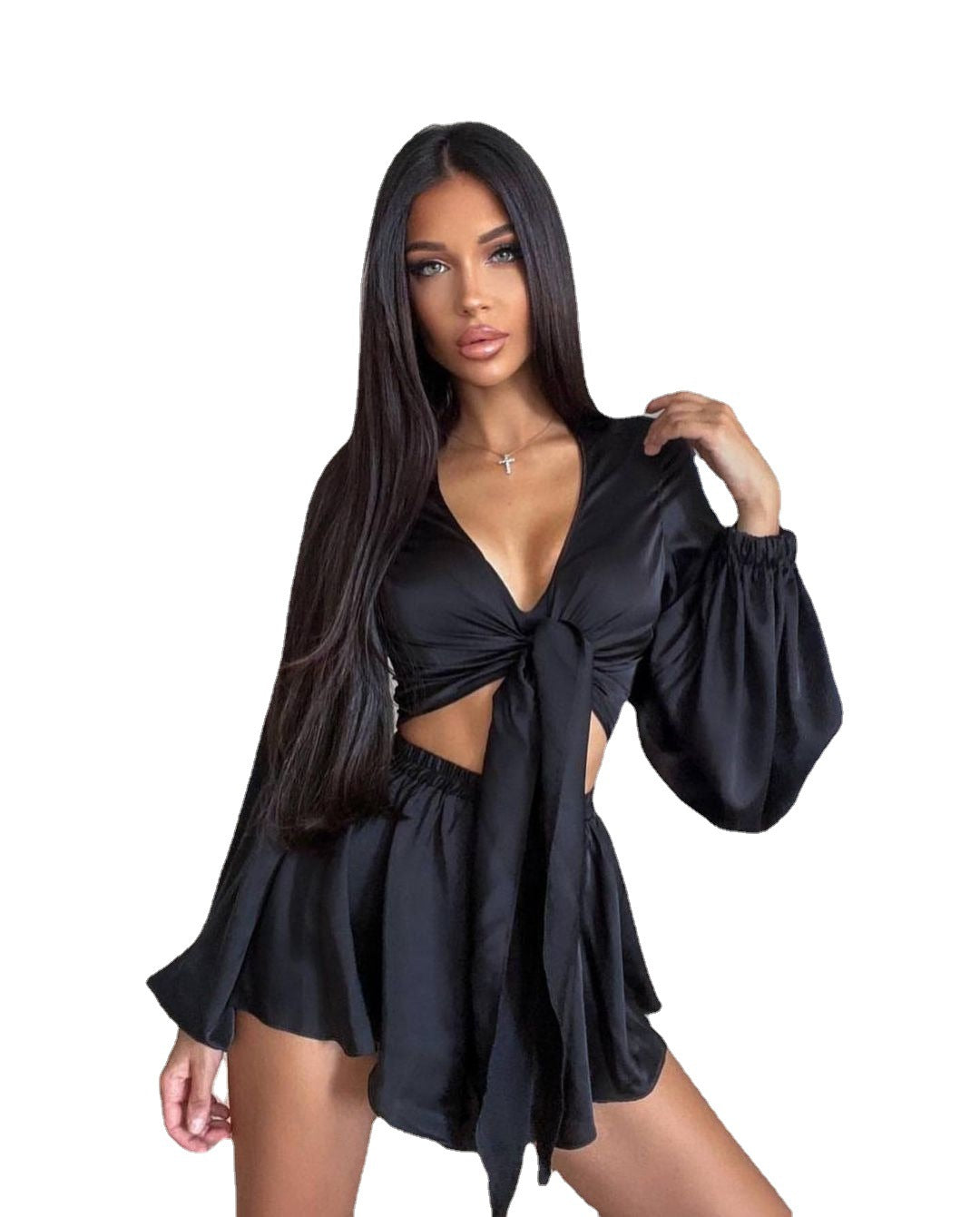 New Lace-Up Sexy Long-Sleeved Blouse And Shorts Outfit
