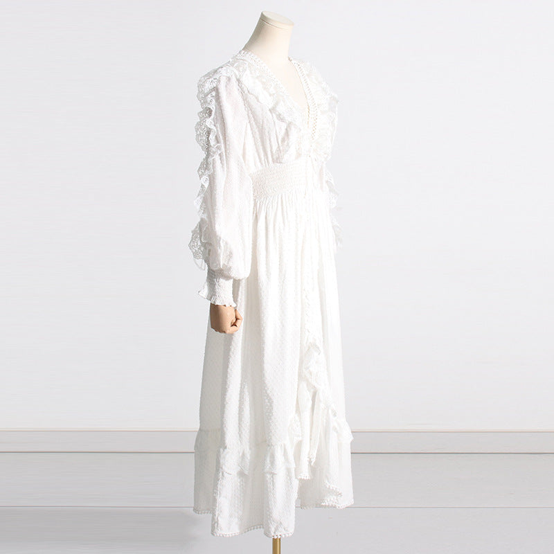 Spring New V-Neck Thin Temperament High Waist Thin Long Sleeve Irregular Skirt Dress Women