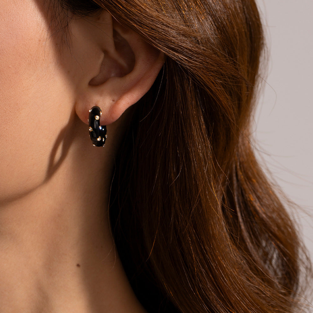 5pcs New Titanium Steel Earrings 18K Stainless Steel Black Drip Oil Set Diamond C-Shaped Earrings Women's Fashion Earrings